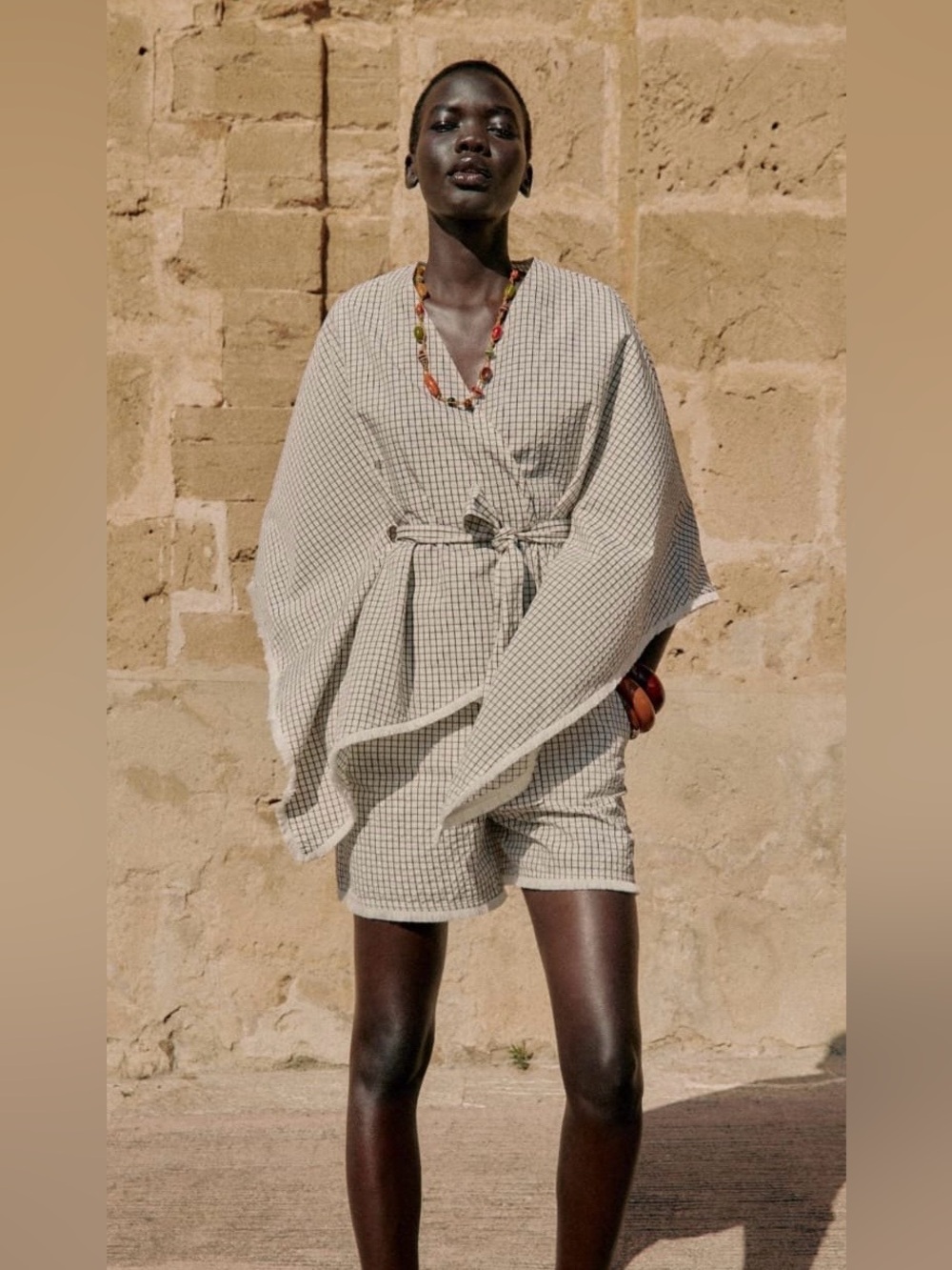 ZARA Grid Check Belted Wrap Top (XS/S) & Frayed Shorts (M) Matching Set
